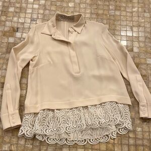 Lela Rose cream blouse with double drop lace hem.  100%silk. Size 2